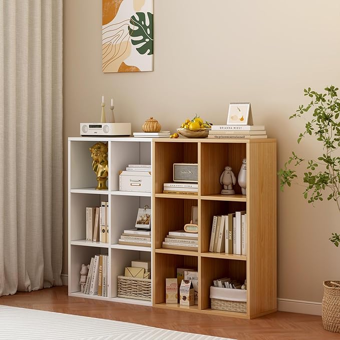 6-Cube Storage Shelf Bookcase - Wooden 3-Tier Floor Standing Open Bookshelf for Home and Office, Display Cabinet, Oak-CasaMuseHome