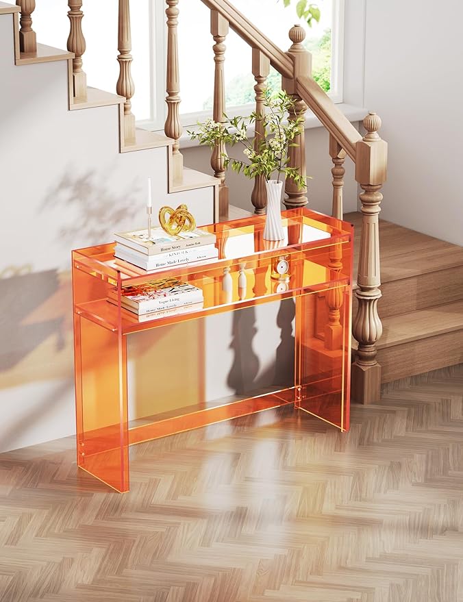 Acrylic Console Table, Entryway Table with Storage Shelves (1, 39.4 * 31.5 * 11.7 inches) (Orange)-CasaMuseHome