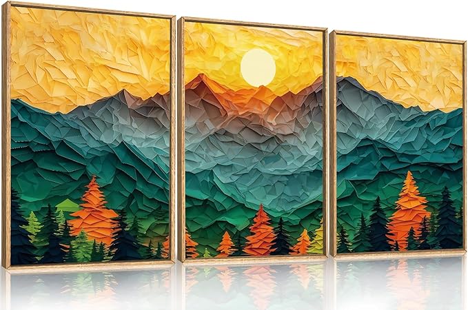 Abstract Mountain Framed Canvas Wall Art Set, Forest Pine Tree Golden Sunset Wall Decor, Mixed Patchwork Landscape Art Print for Living Room, Bedroom, Dining Room, Office - 16"x24"x3-CasaMuseHome