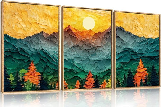 Abstract Mountain Framed Canvas Wall Art Set, Forest Pine Tree Golden Sunset Wall Decor, Mixed Patchwork Landscape Art Print for Living Room, Bedroom, Dining Room, Office - 16"x24"x3-CasaMuseHome