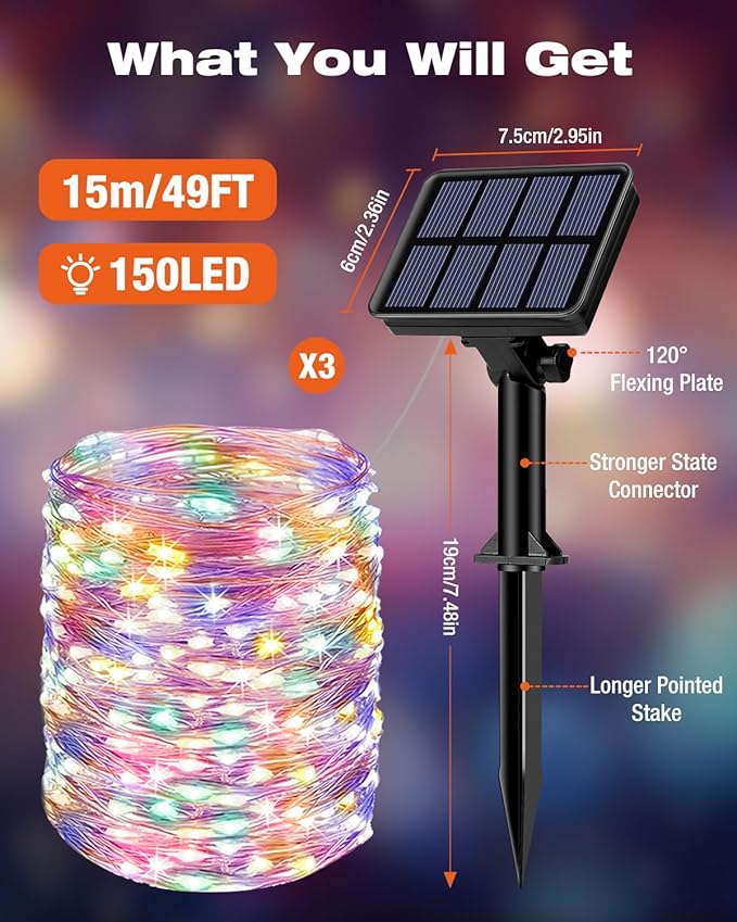 3 Pack Solar Fairy Lights for Outside Waterproof, 49FT/15M 150LED Solar String Lights Outdoor 8 Modes Solar Twinkle Lights for Garden Yard Christmas Tree Wedding Party Decor, Multicolor-CasaMuseHome