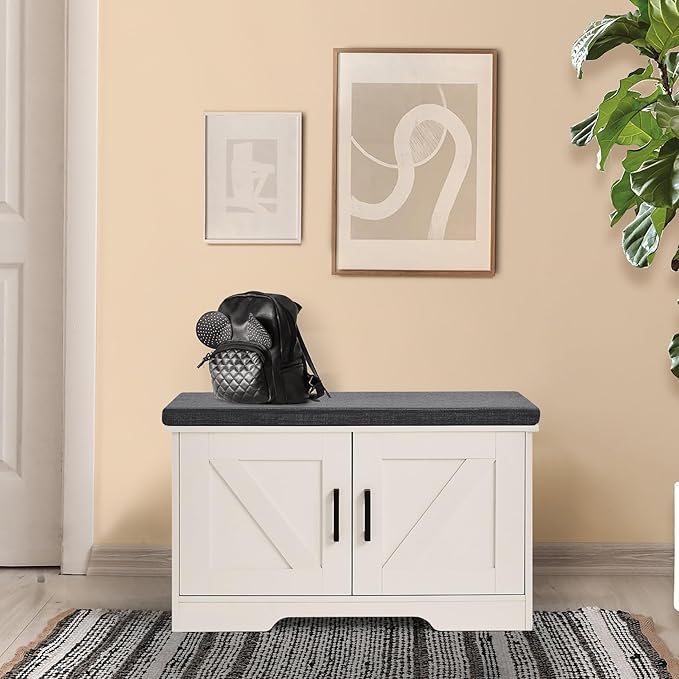 2-Tier Storage Bench, Shoe Bench with Padded Seat Cushion, Entryway Bench with 2 Barn Doors, Adjustable Shelf, 13.8" D x 27.6" W x 17.7" H, for Entryway, Living Room, Bedroom, White-CasaMuseHome