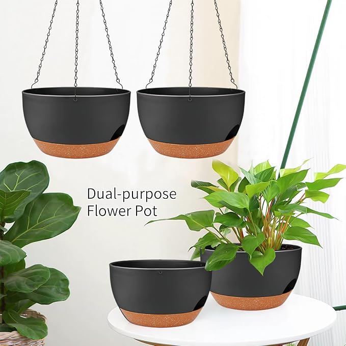 2 Pack Hanging Planters for Indoor Outdoor Plants, 12 Inch Self Watering Hanging Pot with Drainage Holes and Saucer, Plastic Plant Pots, Black Brown Flower Pots for Kitchen, Balcony, Garden-CasaMuseHome