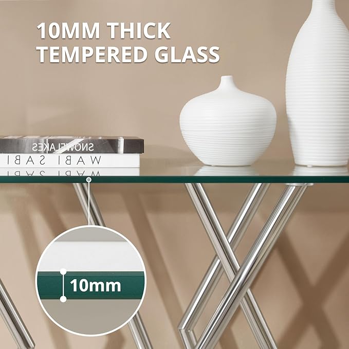 43.3" Glass Modern Console Table, Sturdy Silver Entryway Table with Stainless Steel Base, Rustic Entrance Table, Minimalist Narrow Tables for Living Room & Office-CasaMuseHome