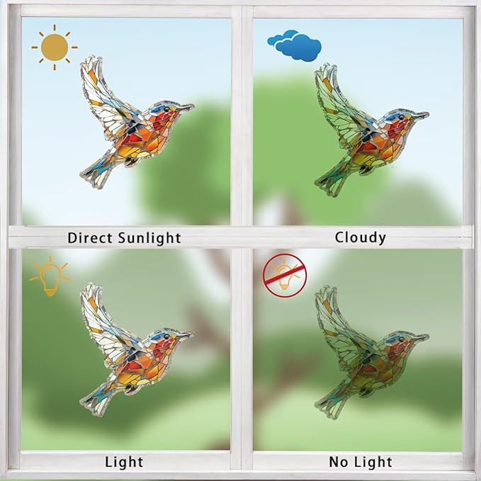 12pcs Window Decals for Bird Strikes, Anti Collision Window Clings, Rainbow Reflection Window Sticker, Hummingbird Style Sun Catcher Stickers for Glass Windows-CasaMuseHome