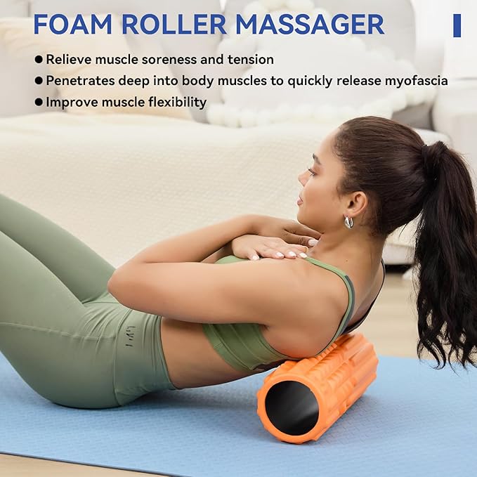 5 in 1 Foam Roller Set - Deep Tissue Foam Roller, Muscle Roller Stick, Massage Ball, Resistance Band for Physical Therapy & Deep Tissue Muscle Massage (Orange)-CasaMuseHome