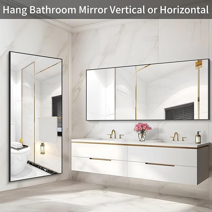 36x72inch Bathroom Mirror, Black Rectangle Mirror with Thin Metal Frame, Large Rectangular Wall Mirrors for Bathroom, Living Roomm, Hair Salon, Big Farmehouse Mirror Hang Horizontal/Vertical-CasaMuseHome