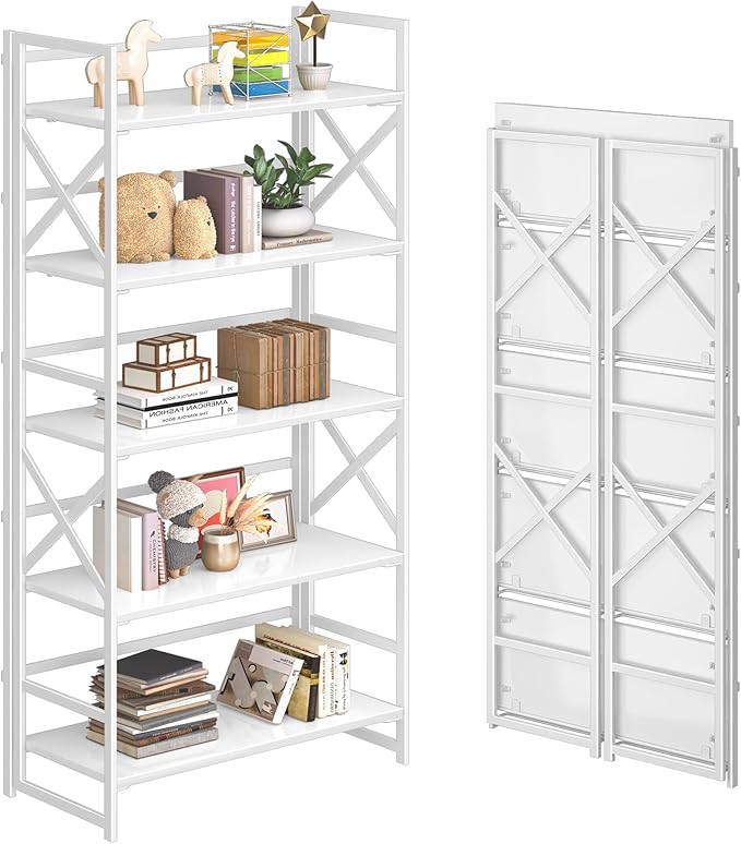 4NM 5 Tiers No Assembly Book Shelves, 51.2" H Folding Bookshelf Bookcase Open Industrial Foldable Shelves for Bedroom, Living Room, Home Office - All White-CasaMuseHome