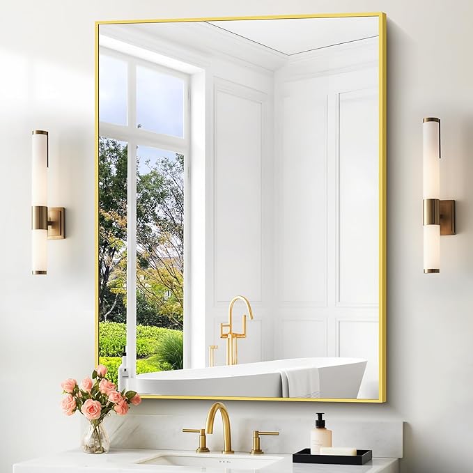 36x55inch Bathroom Mirror, Gold Rectangle Mirror with Thin Metal Frame, Large Rectangular Wall Mirror for Bathroom, Living Room, Hair Salon, Big Farmhouse Mirror Hang Horizontal/Vertical-CasaMuseHome