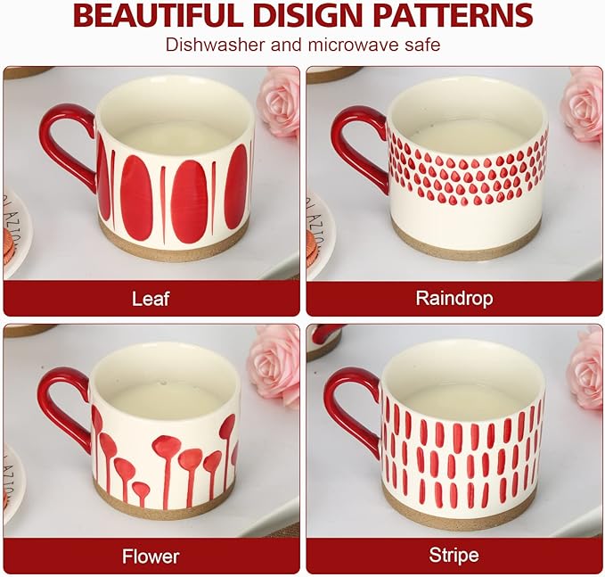 Koja Hand Painted 15 oz. Porcelain Ceramic Mugs Set. Service for 4. (Hand Painted - Red)-CasaMuseHome