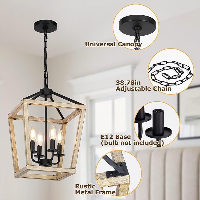 4 Light Chandelier Fixture, Farmhouse Light Fixtures Geometric Metal Cage Modern Ceiling Light with Adjustable Height, E12 Base Hanging Lights for Kitchen Island, Dining Room, Living Room, Indoor-CasaMuseHome