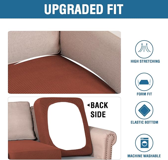 H.VERSAILTEX Super Stretch Individual Seat Cushion Covers Sofa Covers Couch Cushion Covers Slipcover Sets Thick Jacquard Textured Twill Fabric (2 Piece Medium Sofa Cushion Covers, Rust)-CasaMuseHome