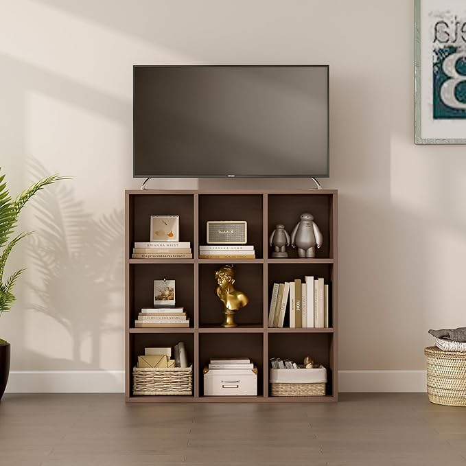 9-Cube Storage Shelf Bookcase - Wooden 3-Tier Floor Standing Open Bookshelf for Home and Office, Cuby Orgainzer, Walnut-CasaMuseHome