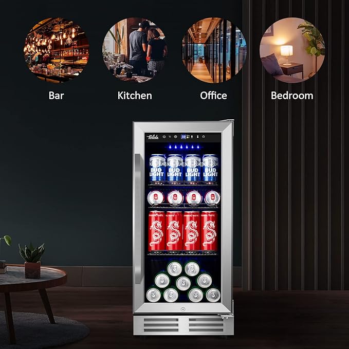15'' Beverage Refrigerator and Beer Fridge Under Counter Built-in or Freestanding,127 Cans Beverage Cooler with Glass Door and Lock for Bottles and Cans Beer/Soda/Water/Wine-CasaMuseHome