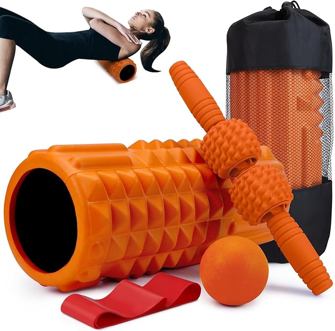 5-in-1 Foam Roller Set, Massage Roller Stick, Massage Ball, Resistance Band for Deep Muscle Massage, Trigger Point Release, Pilates, Yoga (Orange)-CasaMuseHome