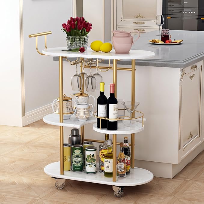 3 Tier Gold Bar Carts for Home Bar Serving Cart with Wheels, Heavy Duty Bar Wine Cart with Storage Shelves, for The Living Room, Kitchen, Bar, Party-CasaMuseHome