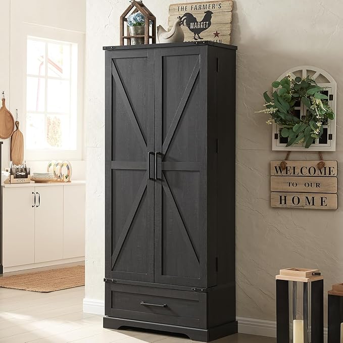 72" Farmhouse Kitchen Pantry Cabinet with Drawer, Tall Storage Cabinet with 2 Barn Doors and Shelves, Versatile Large Rustic Storage for Dining Room, Bathroom, Living Room, Black-CasaMuseHome