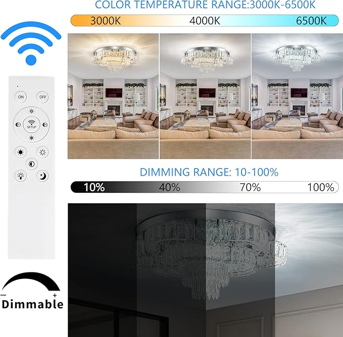 21 Inch Crystal Chandeliers with Remote Control LED Chandelier Modern Mount Flush Mount Chandelier Ceiling Light Fixtures for Bedroom Living Room Dining Room(Dimmable)-CasaMuseHome