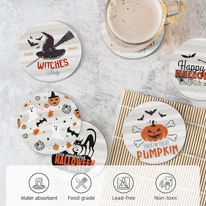 6 PCS Halloween Coasters with Metal Holder and Cork Base Ceramic Drink Coasters Absorbent Cup Mat Non-Slip for Home Kitchen Office Table Decor, 4 Inch Halloween 1-CasaMuseHome