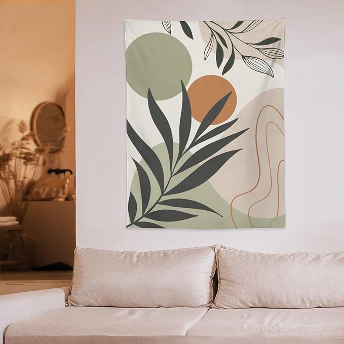 Abstract Bohemian Mid Century Tapestry, Tropical Leaves Modern Geometric Archway Minimalist Bohemian Botanical Aesthetic Wall Hanging, Sage Green Gold Home Decor Art for Bedroom 60x80 Inch-CasaMuseHome