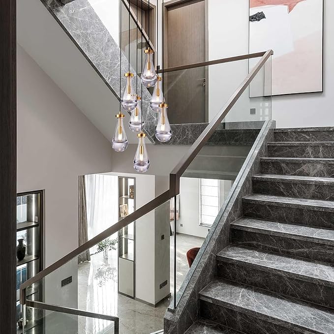 7 Light Raindrop Chandeliers, Brass Teardrop Cluster Pendant Lights Kitchen Island, Gold Dining Room Chandeliers Over Table Hanging Pendant Lighting for High Ceiling, Entryway Staircase-CasaMuseHome