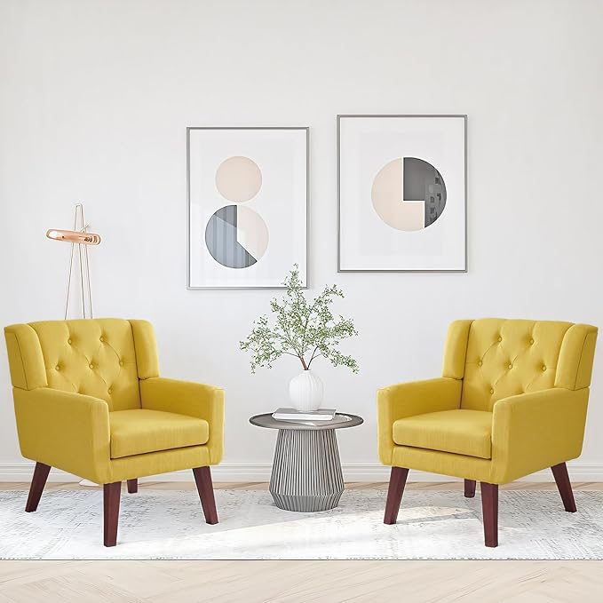 Accent Chairs Set of 2, Button-Tufted Upholstered Living Room Chairs Set of 2, Comfy Reading Chair Mid Century Modern Chairs with Linen Fabric Lounge Arm Chairs for Bedroom (Bright Yellow)-CasaMuseHome