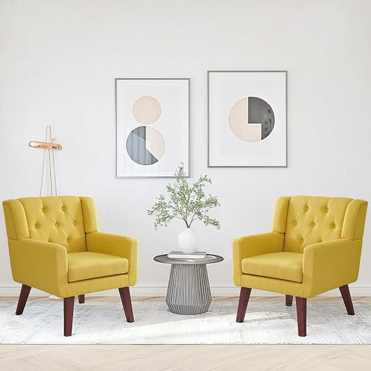 Accent Chairs Set of 2, Button-Tufted Upholstered Living Room Chairs Set of 2, Comfy Reading Chair Mid Century Modern Chairs with Linen Fabric Lounge Arm Chairs for Bedroom (Bright Yellow)-CasaMuseHome