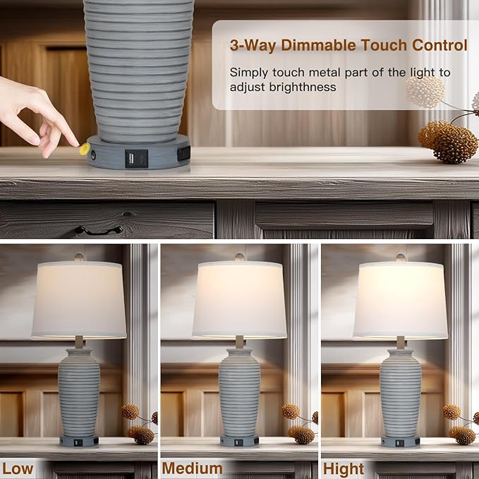 25" Farmhouse Jar Table Lamp Set of 2 Vintage Rustic Lamps for Living Room, Resin Bedside Nightstand Lamps with Linen Lampshades, Retro Pot Lamp for Living Room, Bedroom(LED Bulbs Included)-CasaMuseHome