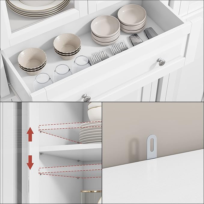 76'' Kitchen Pantry Storage Cabinet, Freestanding Kitchen Cupboard with Large Drawer, Doors, and Adjustable Shelves, Bathroom Storage Cabinet for Dining Room, Living Room, Laundry, White-CasaMuseHome