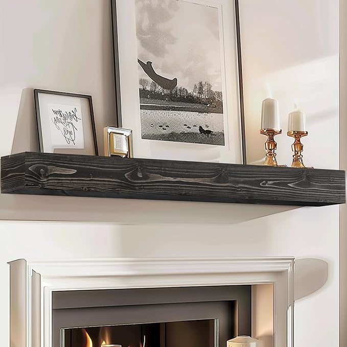 72x8x5 Fireplace Mantel - Handcrafted Hollow Rustic Solid Wood Wall Mounted Floating Shelf with Invisible Heavy Duty Wood Bracket (Weathered Black)-CasaMuseHome