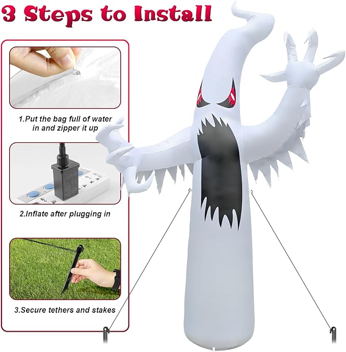 12FT Halloween Inflatables Giant White Ghost, Halloween Inflatable Outdoor Decoration, LED Colored Lights, Scary Red Eyes, Devil Claws, for Indoor and Outdoor Halloween Blow Ups Party Decorations-CasaMuseHome