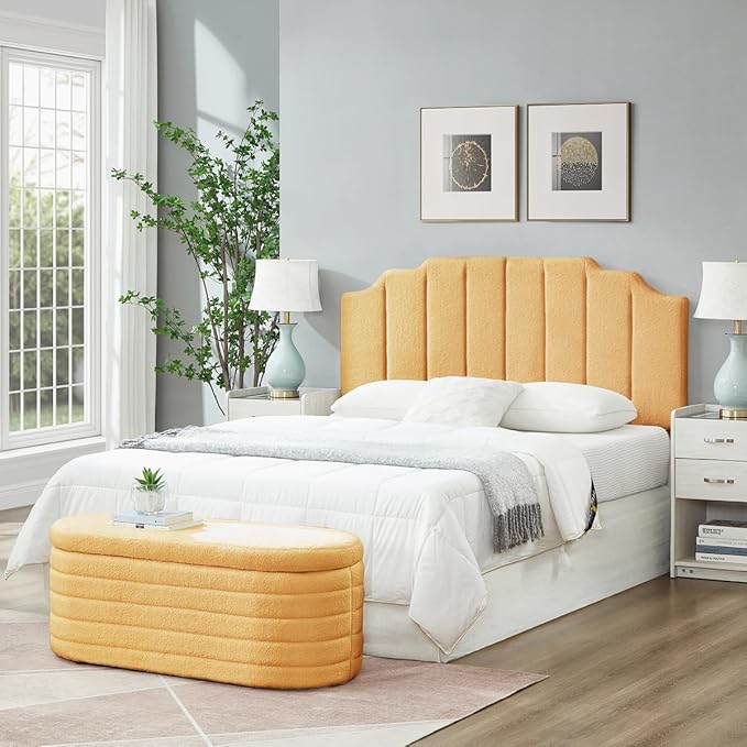 24KF Yellow Teddy Fabric Tufted for Queen Upholstered Headboard, Modern Vertical Channel Design Full Headboard with Stepped Silhouette Top Edge,6026-Q-Teddy Yellow-CasaMuseHome