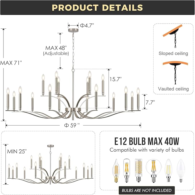 18 Light Nickel Living Room Chandelier High Ceiling Foyer Candle Chandelier Large Modern 59in Metal Chandeliers Hanging Light for Master Bedroom Dining Room Light Fixture Over Table-CasaMuseHome