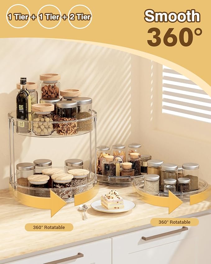 2 Pack Lazy Susan Organizer 9.25''and 11.81'' Two-Tier Lazy Susan Turntable for Cabinet, Spice Rack, and Pantry Storage - Spinning Makeup Organizer for Bathroom, Clear-CasaMuseHome