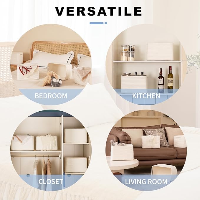 4 Pack Storage Baskets for Organizing, Woven Baskets for Shelves - Perfect for Toys, Books, Towels, and Clothes, Durable Gift Basket Bins Toy Storage, 12.7''L x9''W x7.8''H, White-CasaMuseHome