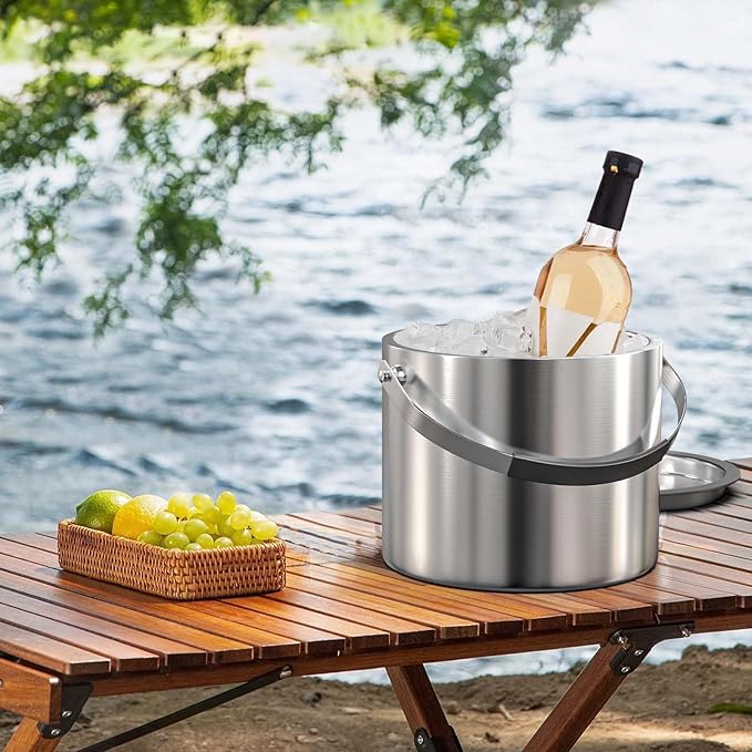 3.2 Liter Ice Bucket with Silicone Lid, Strainer, Tongs, Double Wall Insulated Stainless Steel Ice Bucket Wine Bucket for Cocktail Bar and Parties-CasaMuseHome