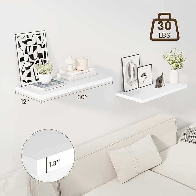 30" Floating Shelves for Wall, 12" Deep Slim White Floating Shelves, Wall-Mounted Shelves for Bedroom, Living Room, Kitchen, Bathroom - Set of 2-CasaMuseHome