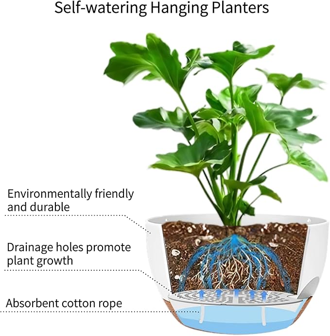 2 Pack Hanging Planters for Indoor Outdoor Plants, 12 Inch Self Watering Hanging Pot with Drainage Holes and Saucer, Plastic Plant Pots, White Brown Flower Pots for Kitchen, Balcony, Garden-CasaMuseHome