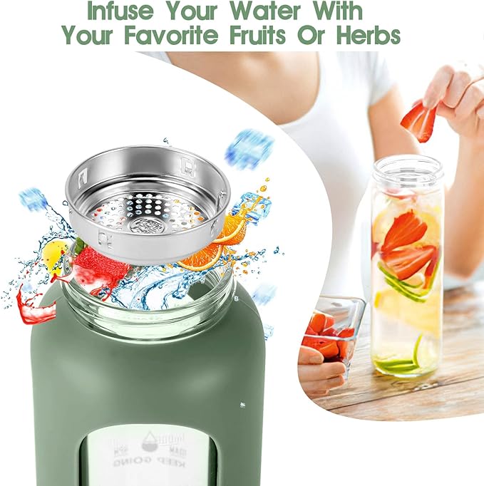 32 oz Glass Water Bottle with Straw - Motivational Time Marker & Silicone Sleeve - Reusable Tumbler Includes 2 Bamboo Lids & Fruit Infuser - 1 Pack-CasaMuseHome