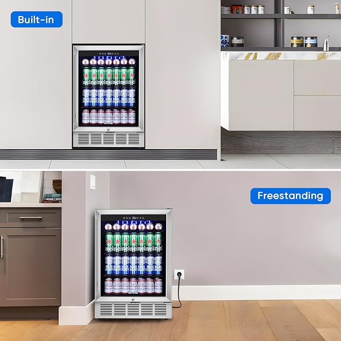 24" Beverage Refrigerator & Cooler, 180 Cans Under Counter Fridge with Lock, Glass Door & Powerful Cooling Compressor - Quiet, Built-in/Freestanding Drink Fridge-CasaMuseHome