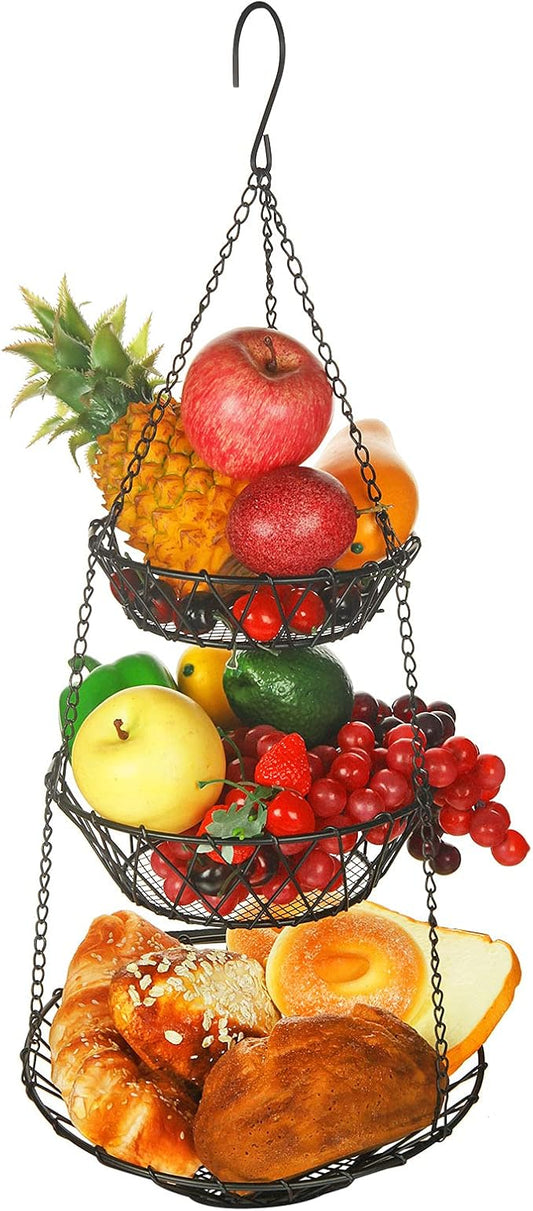 3 Tier Hanging Basket with Sturdy Metal Chain Hanging Hooks Fruit and Vegetable Basket Heavy Duty Wire Organizer Space Saving Rustic Country Style Kitchen Storage-CasaMuseHome