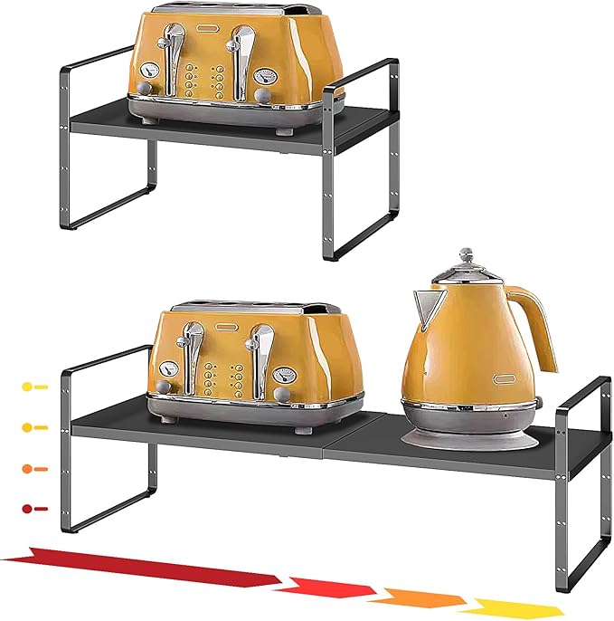 16.5~27.1" Expandable Shelf Organizer, 1Pack 8.1" Wide Stackable Cabinet Shelf Organizers, Black Metal Sturdy Kitchen Counter Storage for Countertop, Adjustable Height Spice Rack-CasaMuseHome