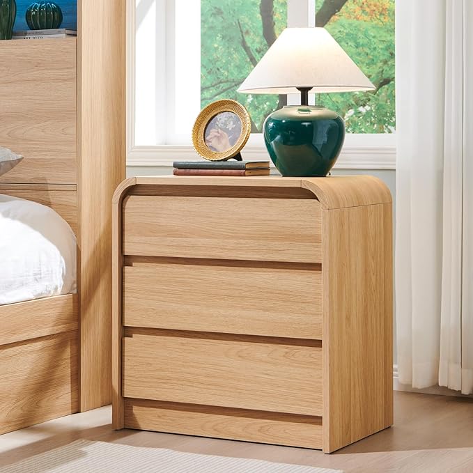 25" Tall Modern Nightstand with Charging Station, 23.6'' Wide Wood Bedside Table w/3 Storage Drawers, Small Dresser w/Curved Profile Design, End Table for Bedroom, Natural Oak-CasaMuseHome