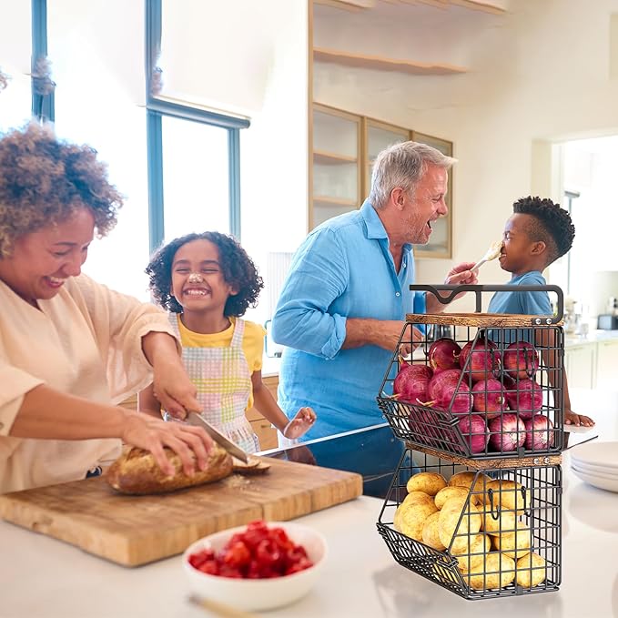 2 Pack Fruit Bowl Hanging Fruit Basket for Kitchen Counter ,Stackable Wire Baskets for Onion Storage and Potato Storage with Wood Lid,Vegetable Fruit Basket with Banana Hooks-CasaMuseHome