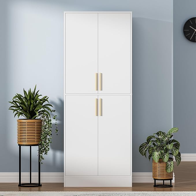 71" Tall Pantry Cabinet with 4 Doors, Kitchen Pantry Storage Cabinet, Freestanding Larder Cupboard, Kitchen Hutch with Gold Handles for Dining Room, Bathroom, White-CasaMuseHome