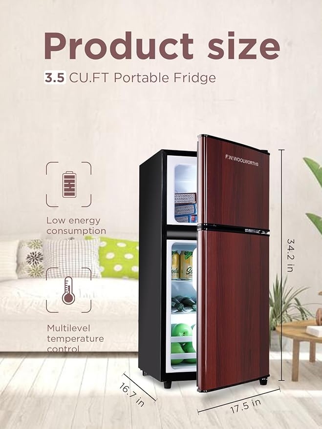 3.5 Cu.Ft Mini Fridge with Freezer, Compact Refrigerator with 2 Doors for Office, Kitchen, Dorm and Bedroom, Small Fridge with 7 Level Temp Adjustable Thermostat, Wood-CasaMuseHome