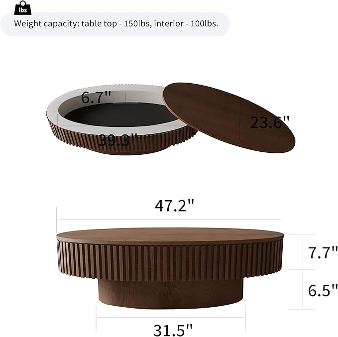 47.2''Oval Coffee Table with Storage, Mid Century Modern Fluted Drum Center Tables with Lid, Solid Wood Side Pedestal Coffee Table Tea Table for Living Room, Bedroom, Apartment-Walnut-CasaMuseHome
