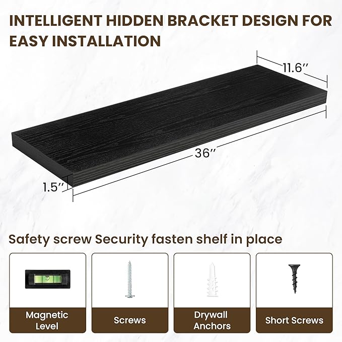 36 Inch Floating Shelves, 12 Inch Deep Floating Shelves for Wall, Floating Shelf with Invisible Brackets, Deep Shelves for Bathroom, Bedroom, Living Room, 2 Pack, Black-CasaMuseHome