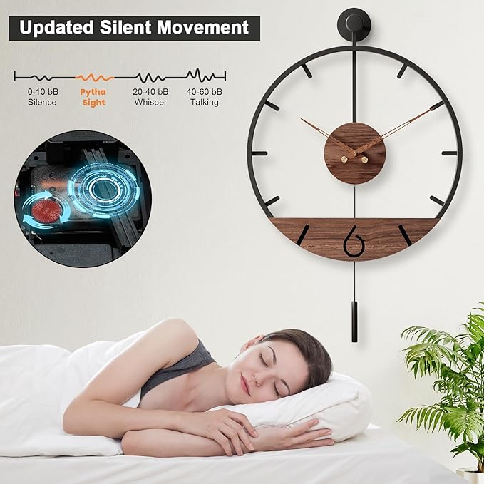 34.6×24 Inch Large Modern Decorative Pendulum Wall Clock,Big Metal Farmhouse Oversized Silent Wall Clocks Minimalist Elegant Walnut Dial Pointers for Living Room,Office,Dining Room Decor-CasaMuseHome