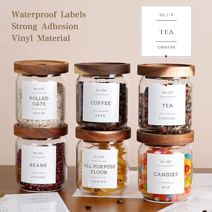 16 OZ Stackable Glass Food Storage Jars with 132 Pantry Labels Preprinted - 6 Pcs Thicken Glass Storage Containers with Airtight Acacia Lid - Clear Kitchen Canister for Spice, Tea, Coffee, Sugar-CasaMuseHome